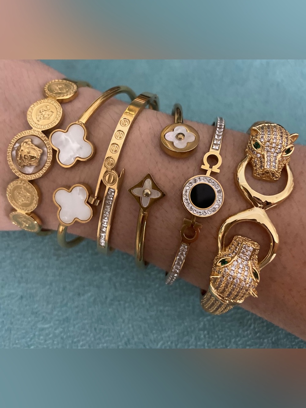 Multiples Gold-Tone Layered Bracelet Set with White and Black Accents